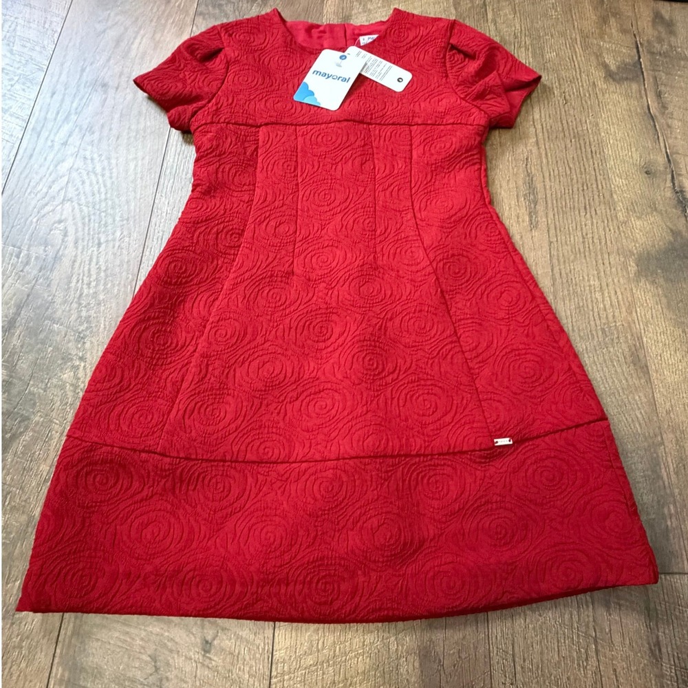 NEW Mayoral Girls Red Jacquard Rose Dress Short Sleeve SZ 8